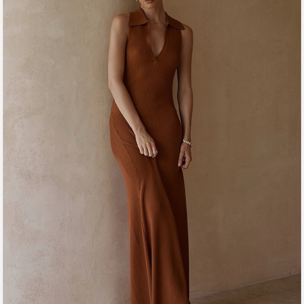 DISSH Brown Sheath Midi Dress Plunge Neckline